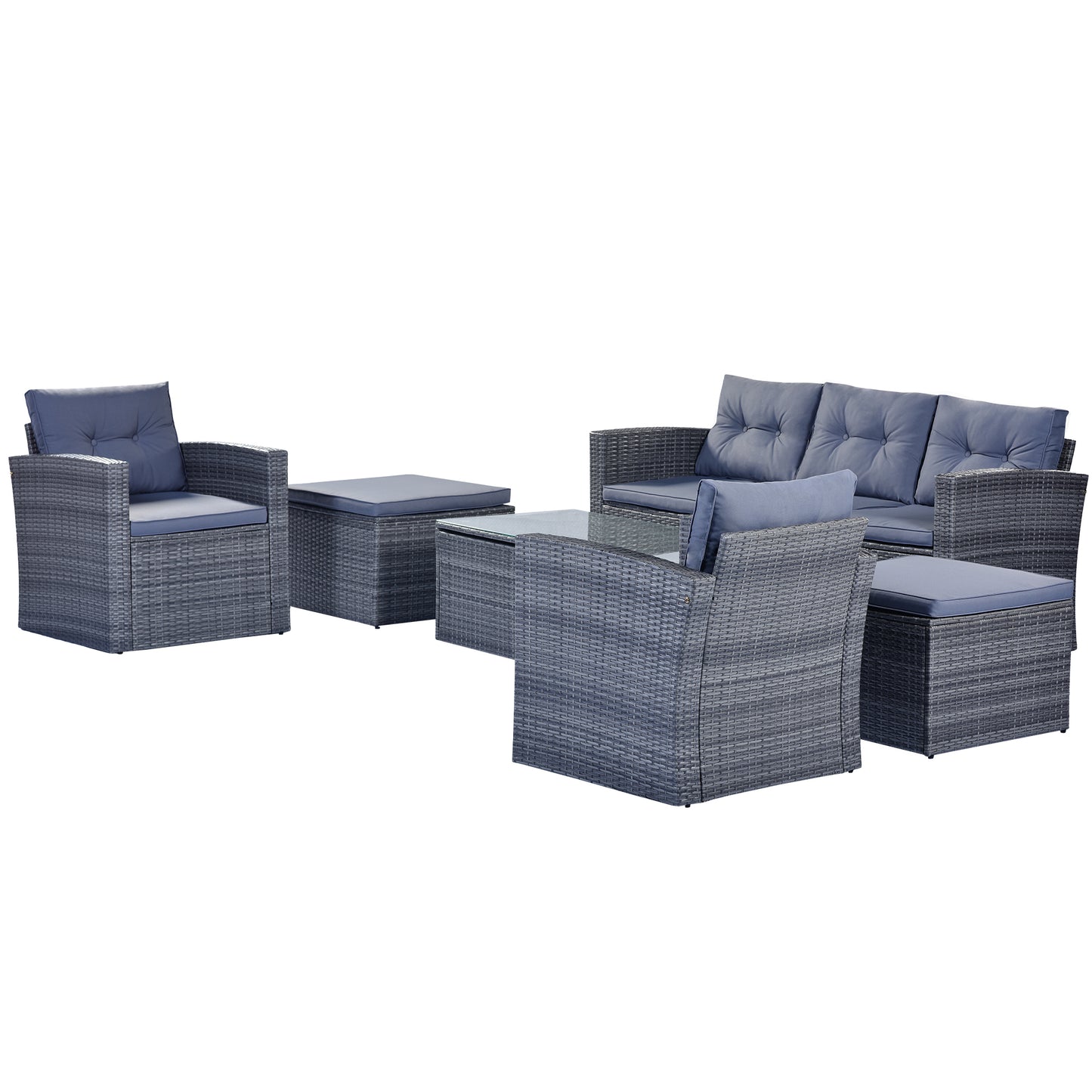 GO 6-piece All-Weather Wicker PE rattan Patio Outdoor Dining Conversation Sectional Set with coffee table, wicker sofas, ottomans,  removable cushions (Dark grey wicker, Light grey cushion)