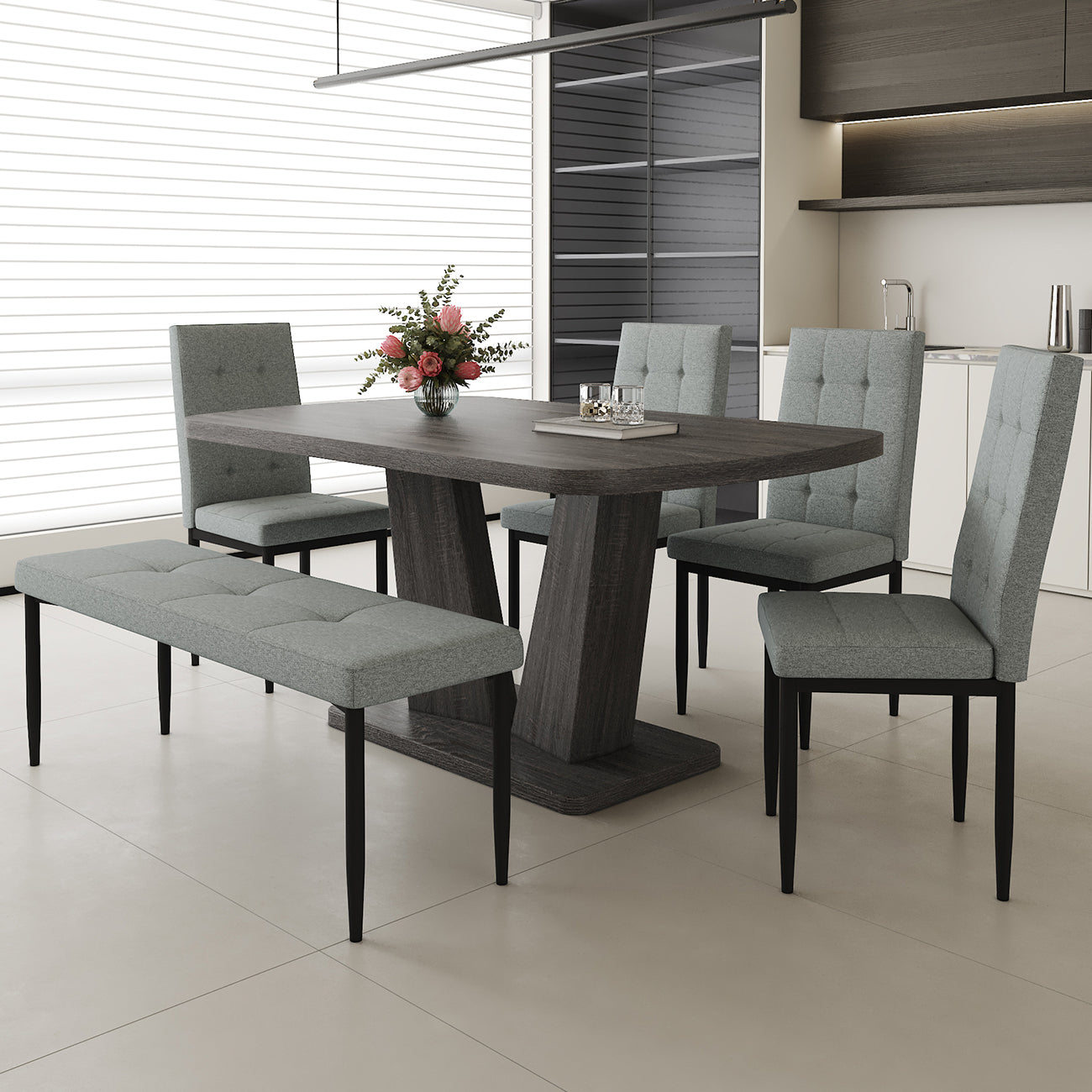 63" Modern Style 6-piece Dining Table with 4 Chairs & 1 Bench, Table with Wood Veneers Tabletop and V-shaped Table Legs