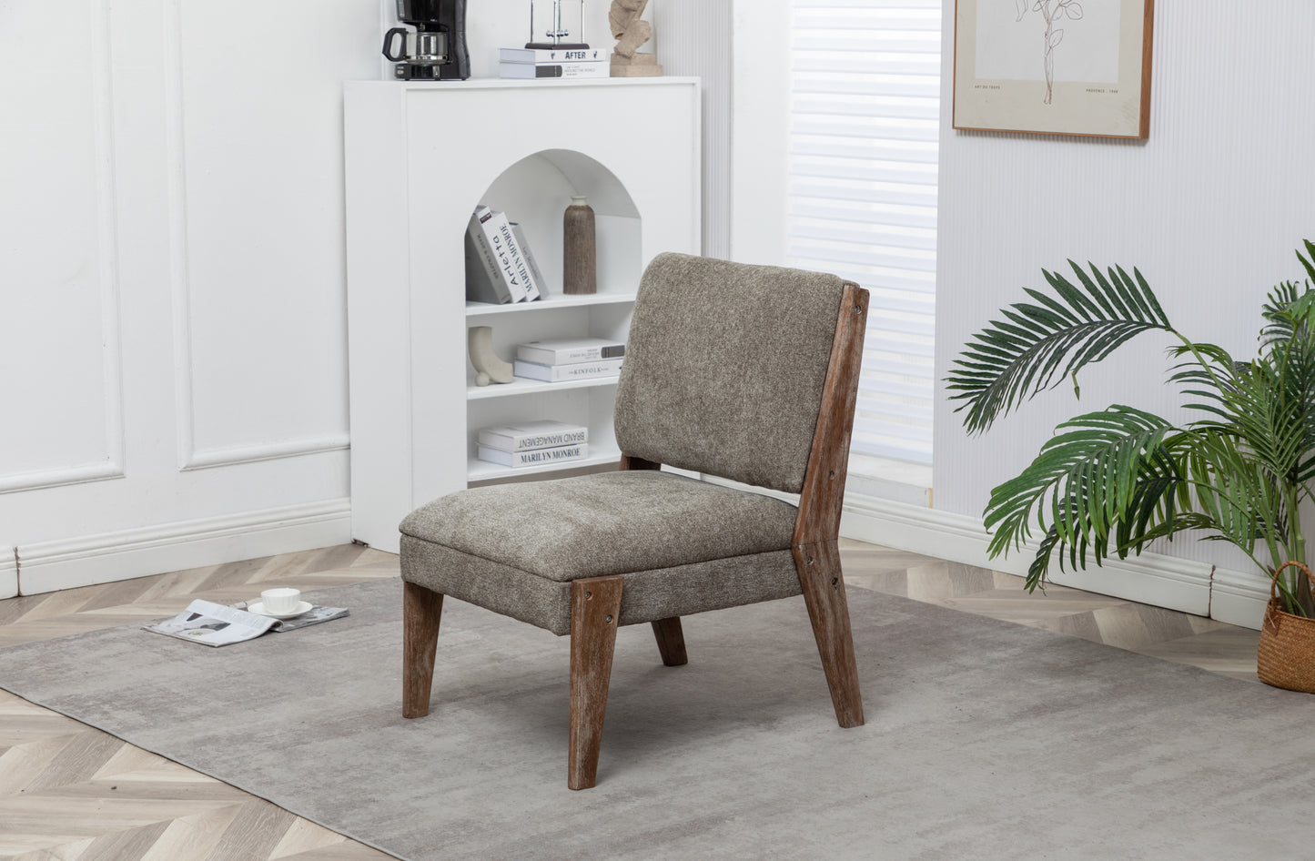 FONDHOME Chenille Single Accent Chair, Wooden Legs, Thick Upholstery, High Density Foam, Small Modern Armless Chair For Living Room Bedroom, Khaki