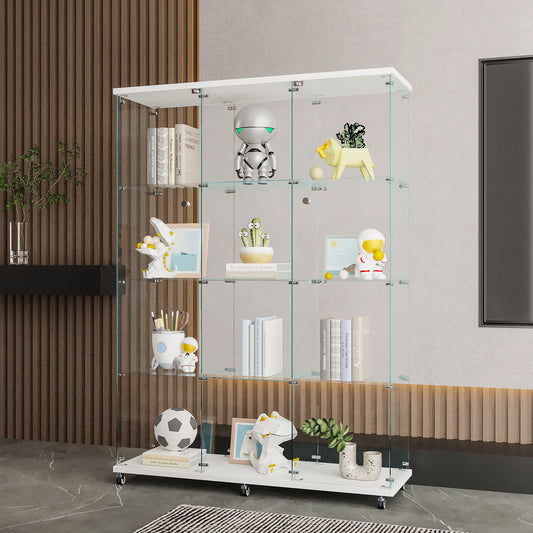 Glass Display Cabinet with 4 Shelves Extra Large, Curio Cabinets for Living Room, Bedroom, Office, Black Floor Standing Glass Bookshelf, Quick Installation