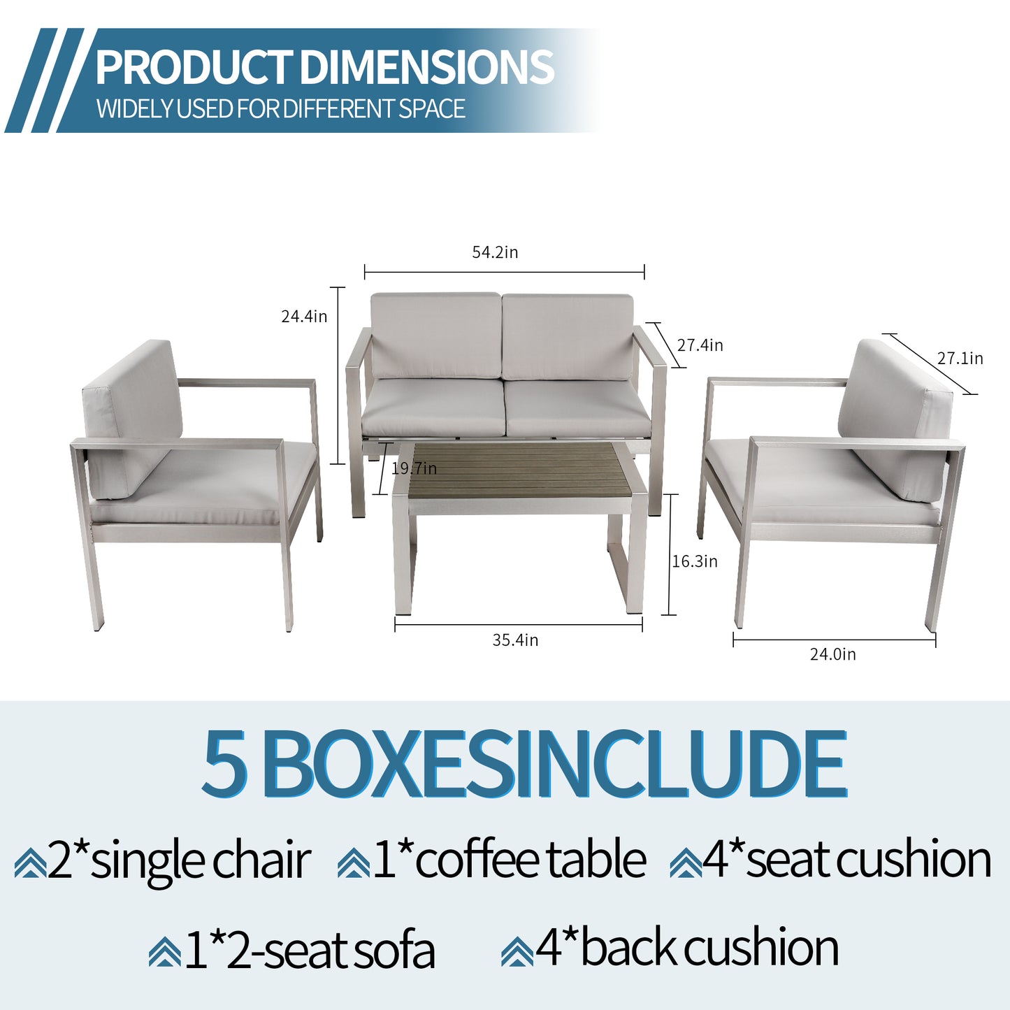 Aluminum Modern 4 Piece Sofa Seating Group For Patio Garden Outdoor