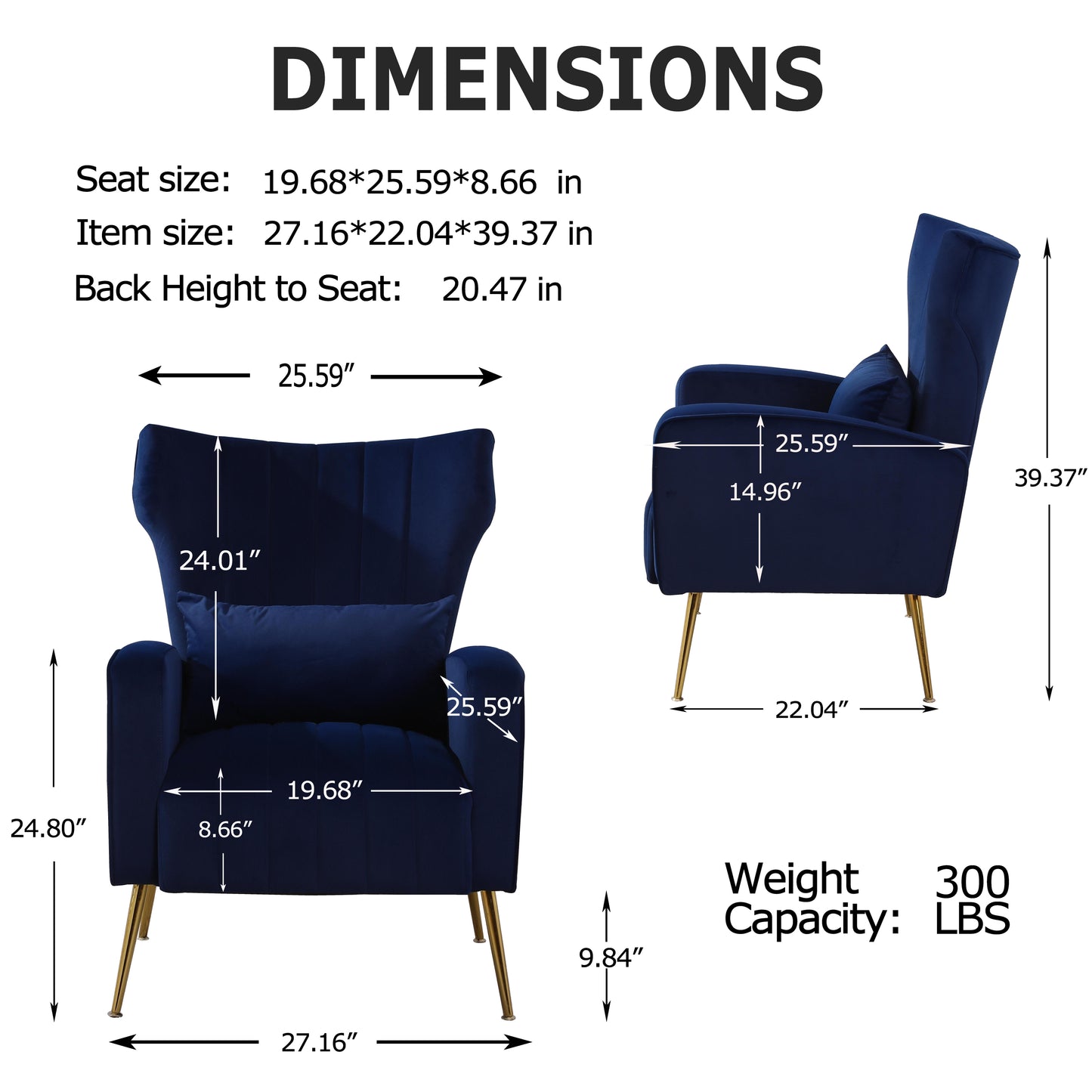 FONDHOME Velvet Accent Chair, Modern Living Room Armchair Comfy Upholstered Single Sofa Chair for Bedroom Dorms Reading Reception Room with Gold Legs & Small Pillow, Royal Blue