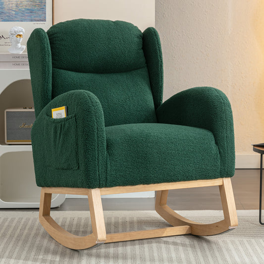 049-Teddy Fabric Rocking Chair With Packet Wood Legs,Green