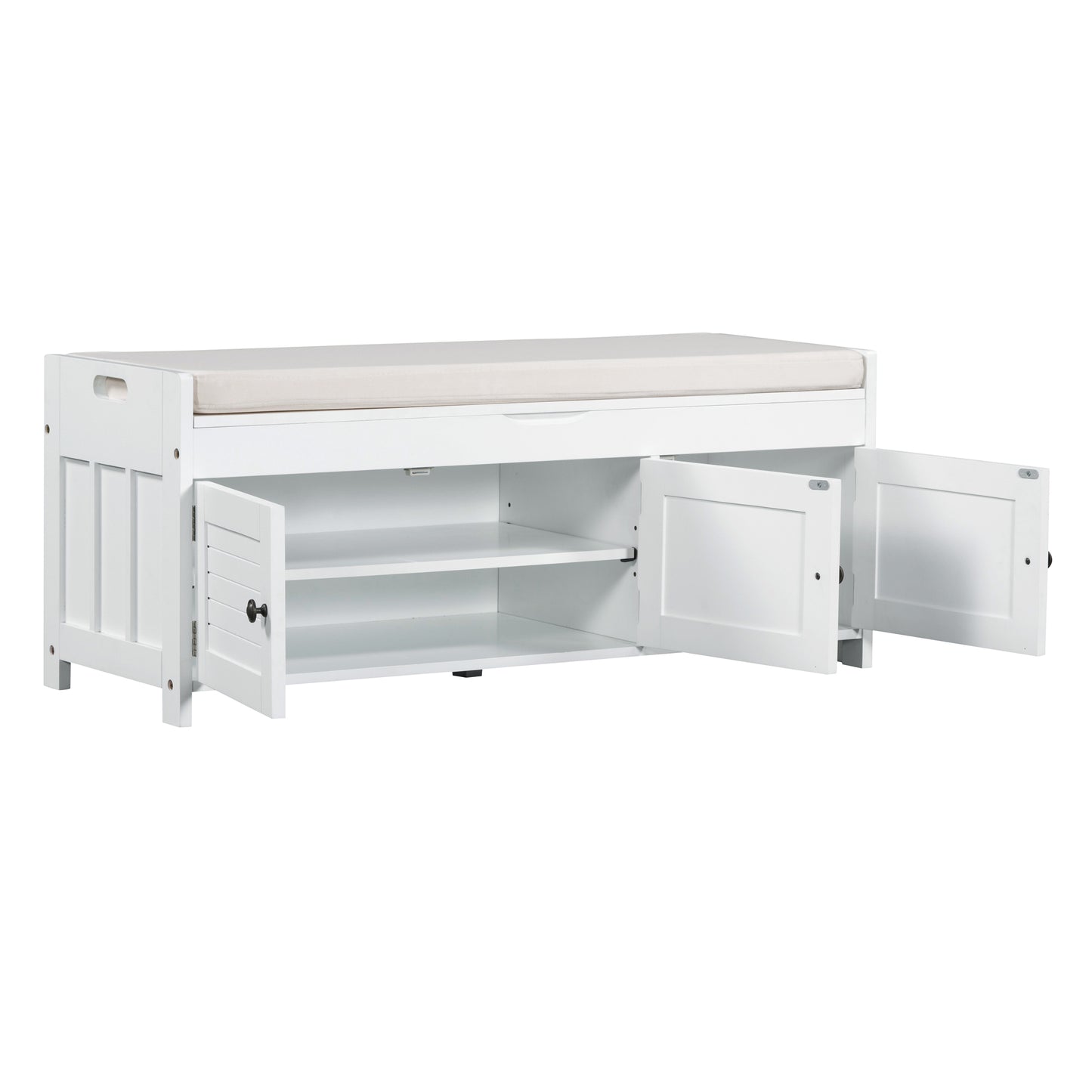 TREXM Storage Bench with 3 Shutter-shaped Doors, Shoe Bench with Removable Cushion and Hidden Storage Space (White, OLD SKU: WF284226AAK)