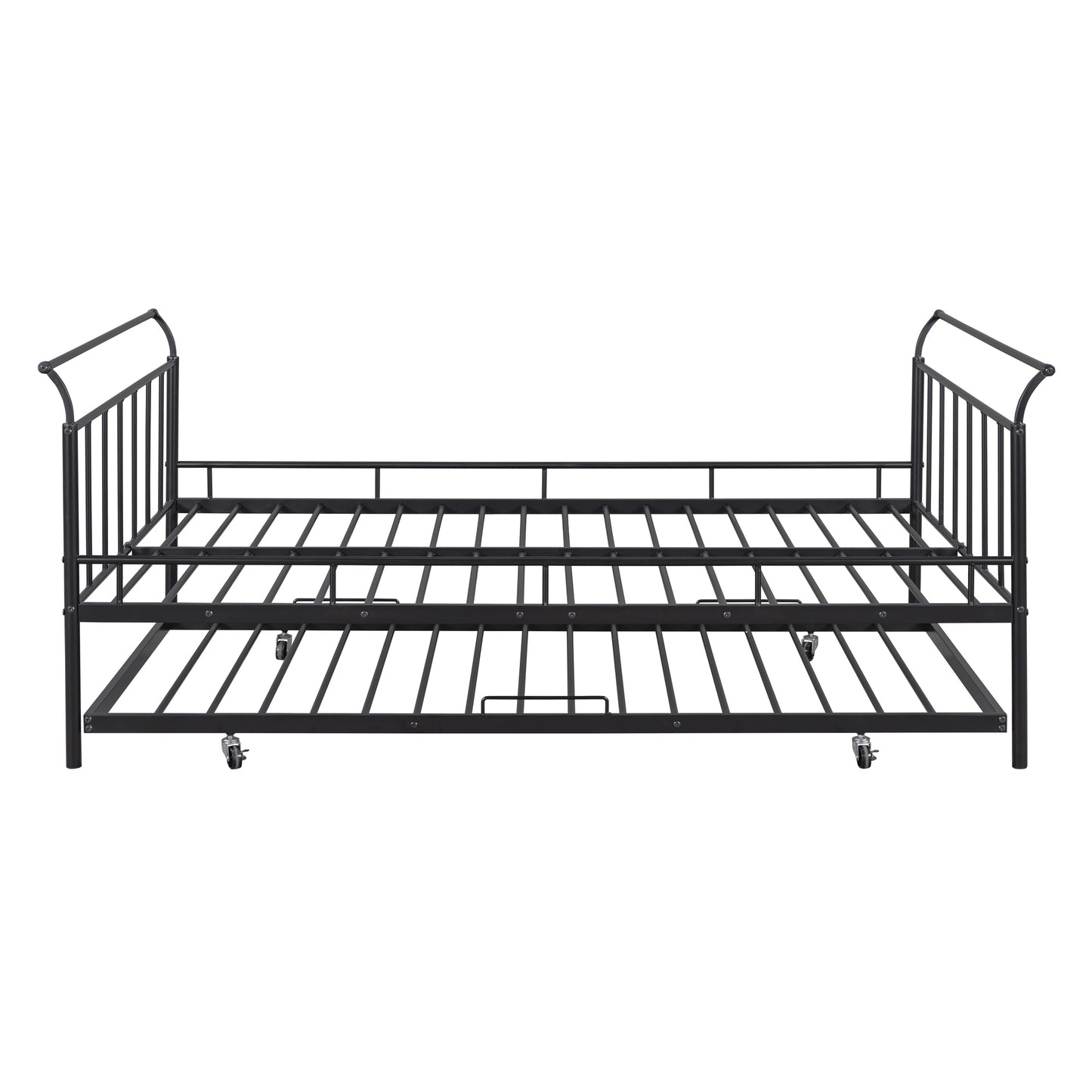 Full Size Metal Daybed with Curved Handle Design and Twin Size Trundle, Black