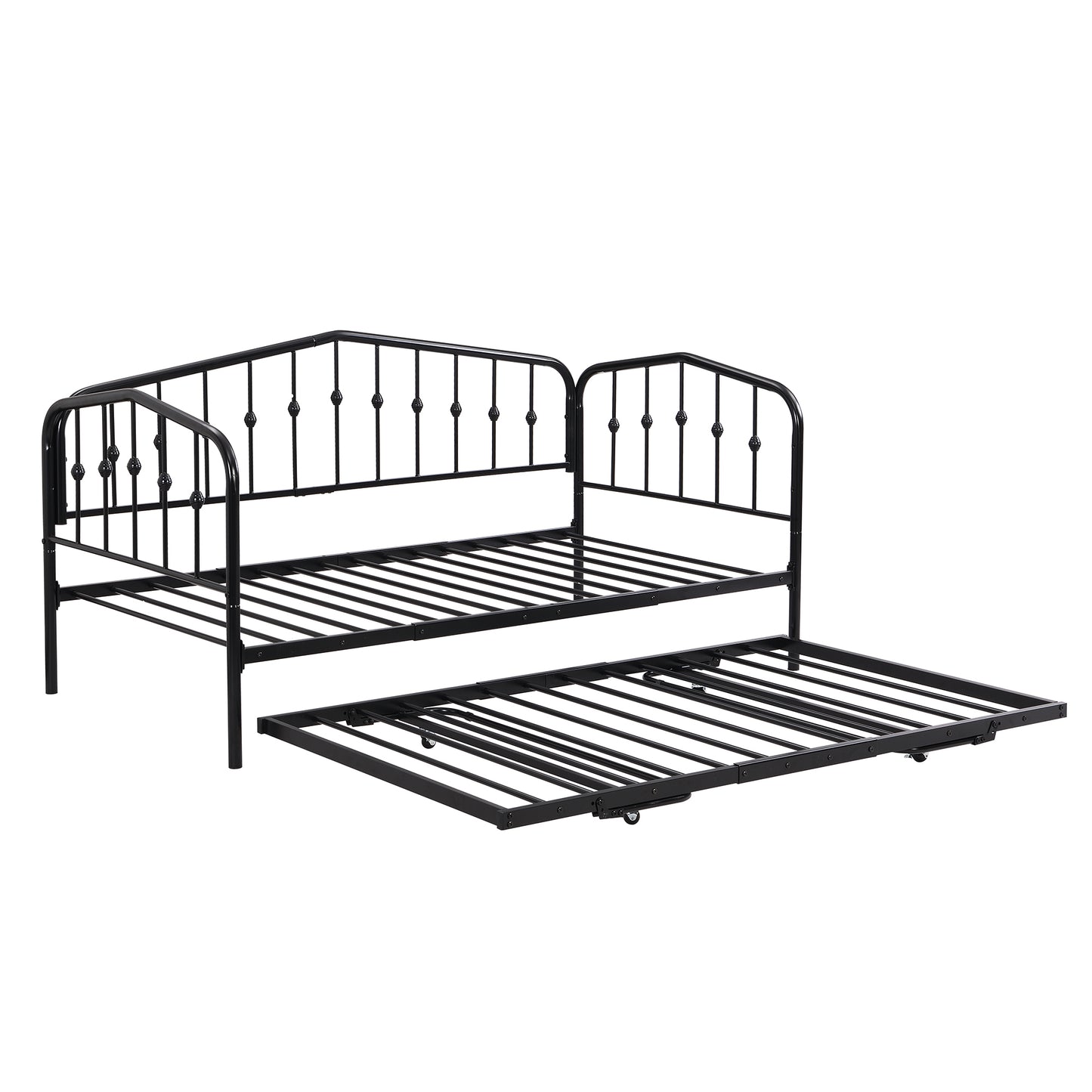 Twin Size Stylish Metal Daybed with Twin Size Adjustable Trundle, Portable Folding Trundle, Black