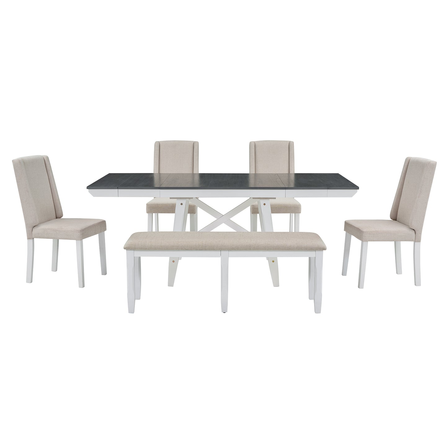 TREXM 6-Piece Classic Dining Table Set, Rectangular Extendable Dining Table with two 12"W Removable Leaves and 4 Upholstered Chairs & 1 Bench for Dining Room (Gray+White)