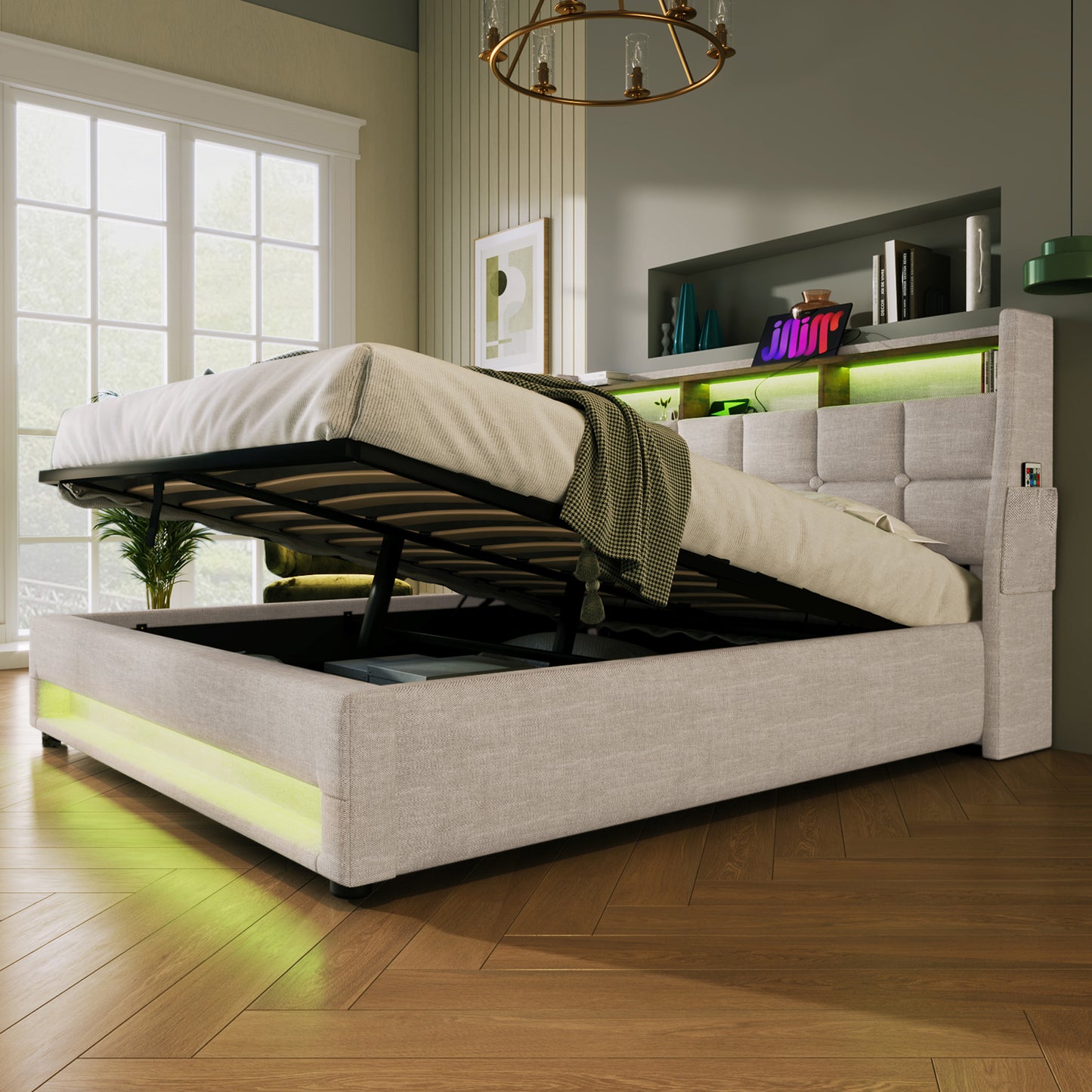 Queen size Upholstered Platform bed with a Hydraulic Storage System, LED and USB Charging, Natural (without mattress)