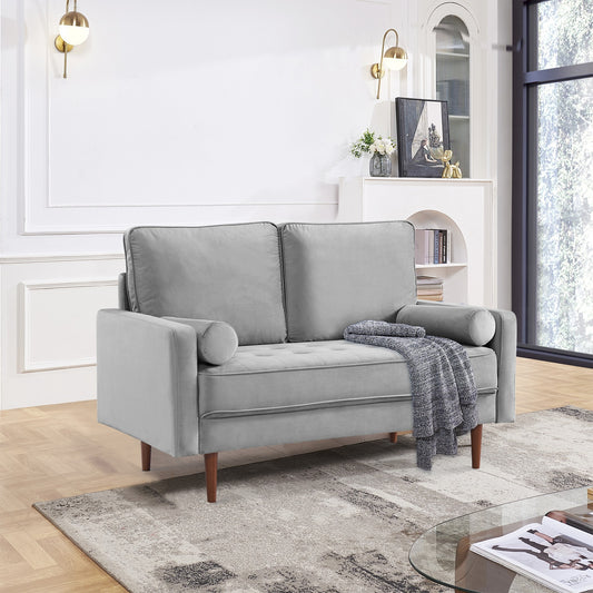 57.1” Upholstered Sofa Couch Furniture, Modern Velvet Loveseat, Tufted 3-seater Cushion with Bolster Pillows - Grey