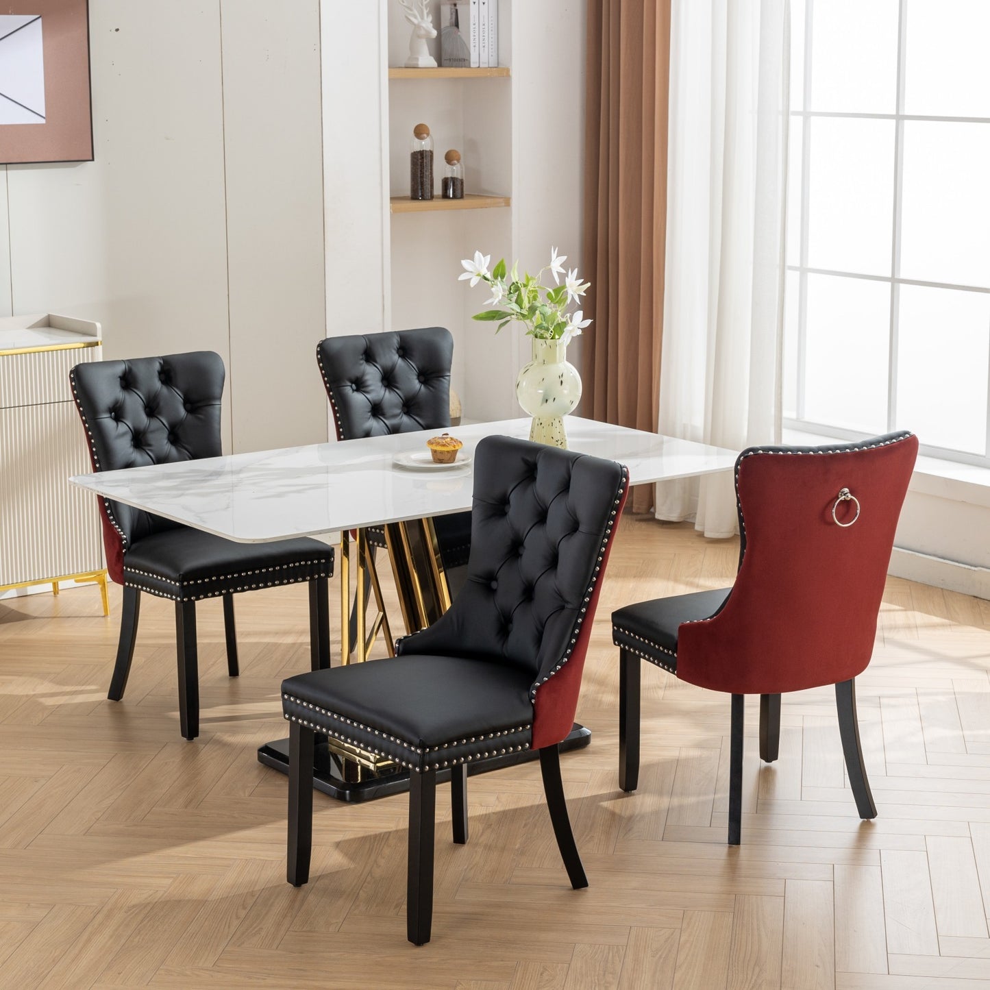 A&A Furniture, Nikki Collection Modern, High-end Tufted Solid Wood Contemporary PU and Velvet Upholstered Dining Chair with Wood Legs Nailhead Trim  2-Pcs Set, Black+WineRed, Burgundy,SW2101BW