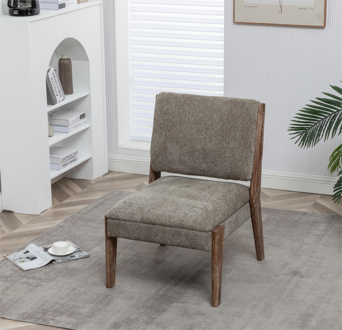 FONDHOME Chenille Single Accent Chair, Wooden Legs, Thick Upholstery, High Density Foam, Small Modern Armless Chair For Living Room Bedroom, Khaki