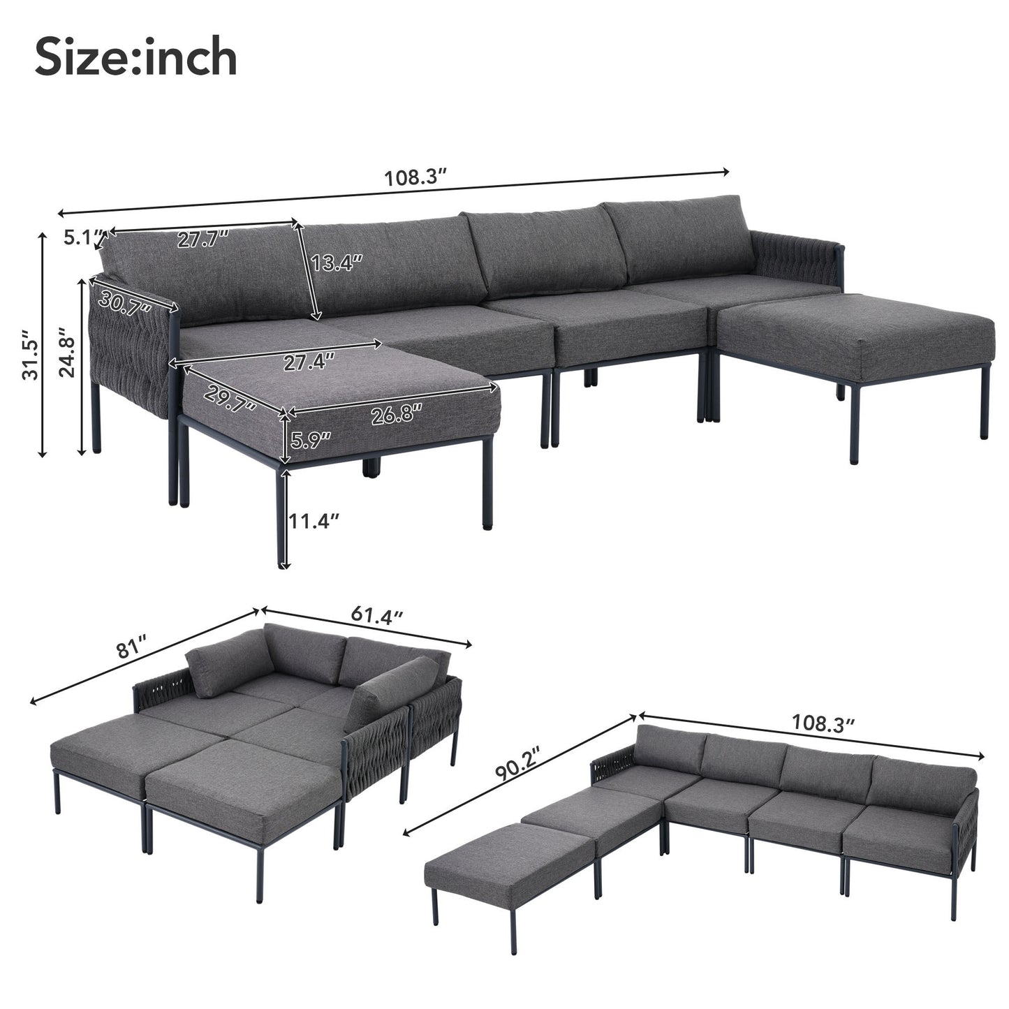 GO 6-Pieces Aluminum Patio Furniture Set, Modern Metal Outdoor Conversation Set Sectional Sofa With Removable Olefin Extra Thick Cushions 5.9" Cushion, Grey