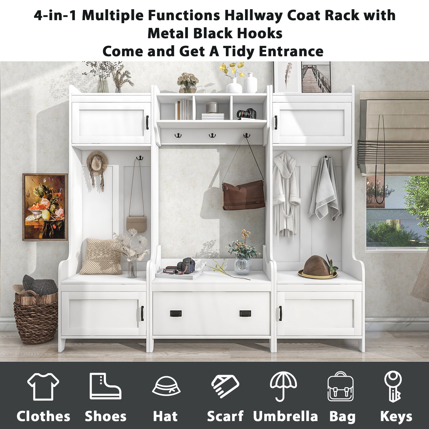 ON-TREND Modern Style 4-in-1 Multiple Functions Hallway Coat Rack with Seven Metal Black Hooks, Entryway Bench Hall Tree with Ample Storage Drawer, White (Old SKU: SD000006AAK)