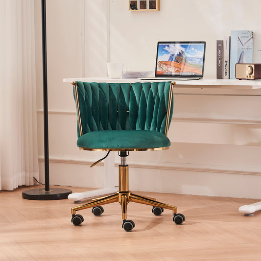 Office Desk Chair, Upholstered Home Office Desk Chairs with Adjustable Swivel Wheels, Ergonomic Office Chair for Living Room, Bedroom, Office, Vanity Study (Emerald)