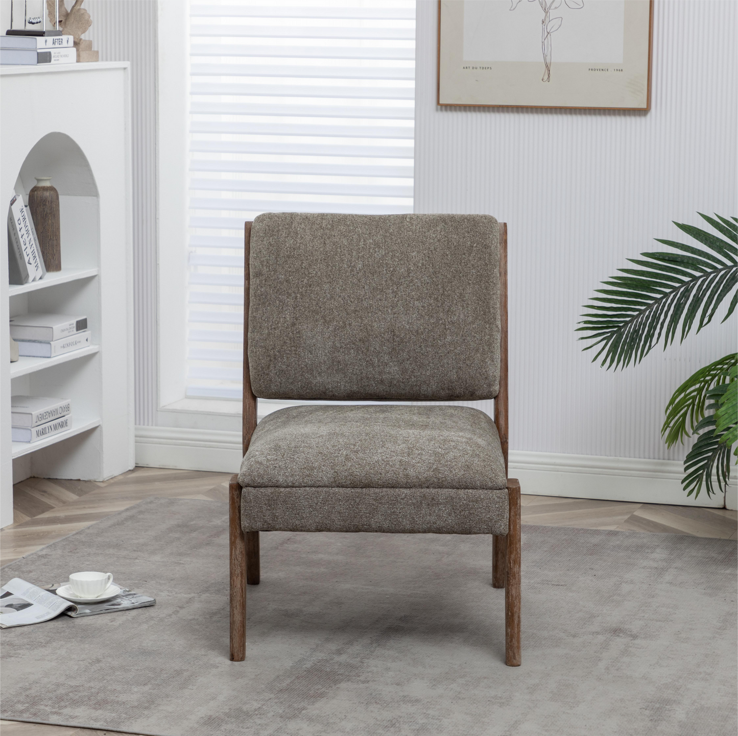 FONDHOME Chenille Single Accent Chair, Wooden Legs, Thick Upholstery, High Density Foam, Small Modern Armless Chair For Living Room Bedroom, Khaki