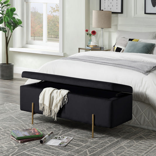 Emma 45" Black Velvet Storage Bench with Metal Legs