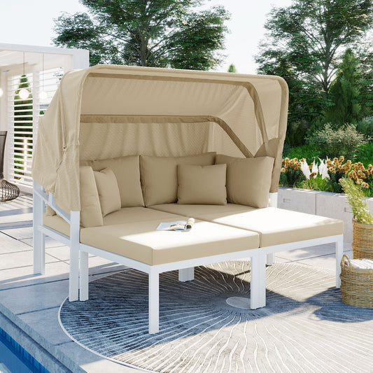 TOPMAX 3-Piece Patio Daybed with Retractable Canopy Outdoor Metal Sectional Sofa Set Sun Lounger with Cushions for Backyard, Porch, Poolside, Beige