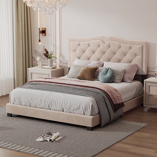 Queen Size Upholstered Bed Frame with Rivet Design, Modern Velvet Platform Bed with Tufted Headboard,Beige
