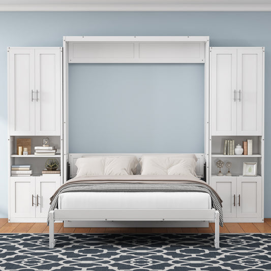 Full Size Murphy Bed with 2 Side Cabinet Storage Shelves, 61.5-inch Cabinet Bed Folding Wall Bed with Desk Combo Perfect for Guest Room, Study, Office,White(old sku:BS400609AAC)