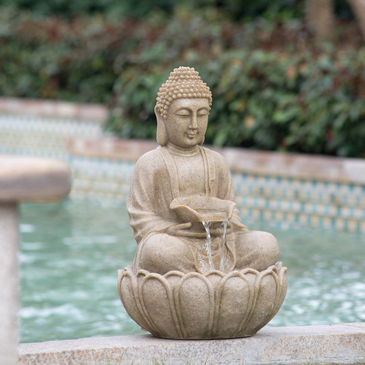22 inches Sandstone Water Fountain Buddha Design Water Feature for Lawn & Garden Outdoor Indoor Tabletop