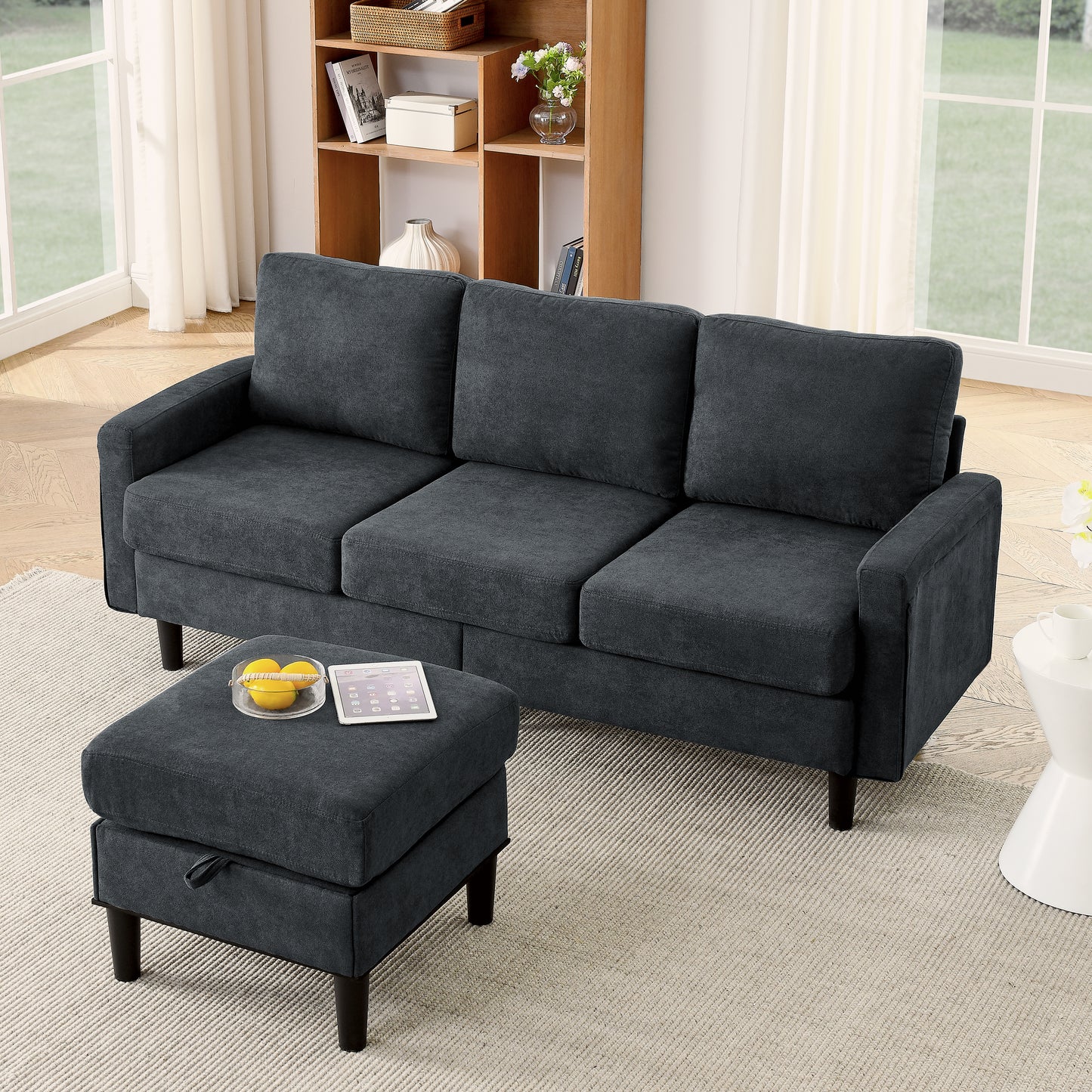 Upholstered Sectional Sofa Couch, L Shaped Couch With Storage Reversible Ottoman Bench 3 Seater for Living Room, Apartment, Compact Spaces, Fabric Dark Gray