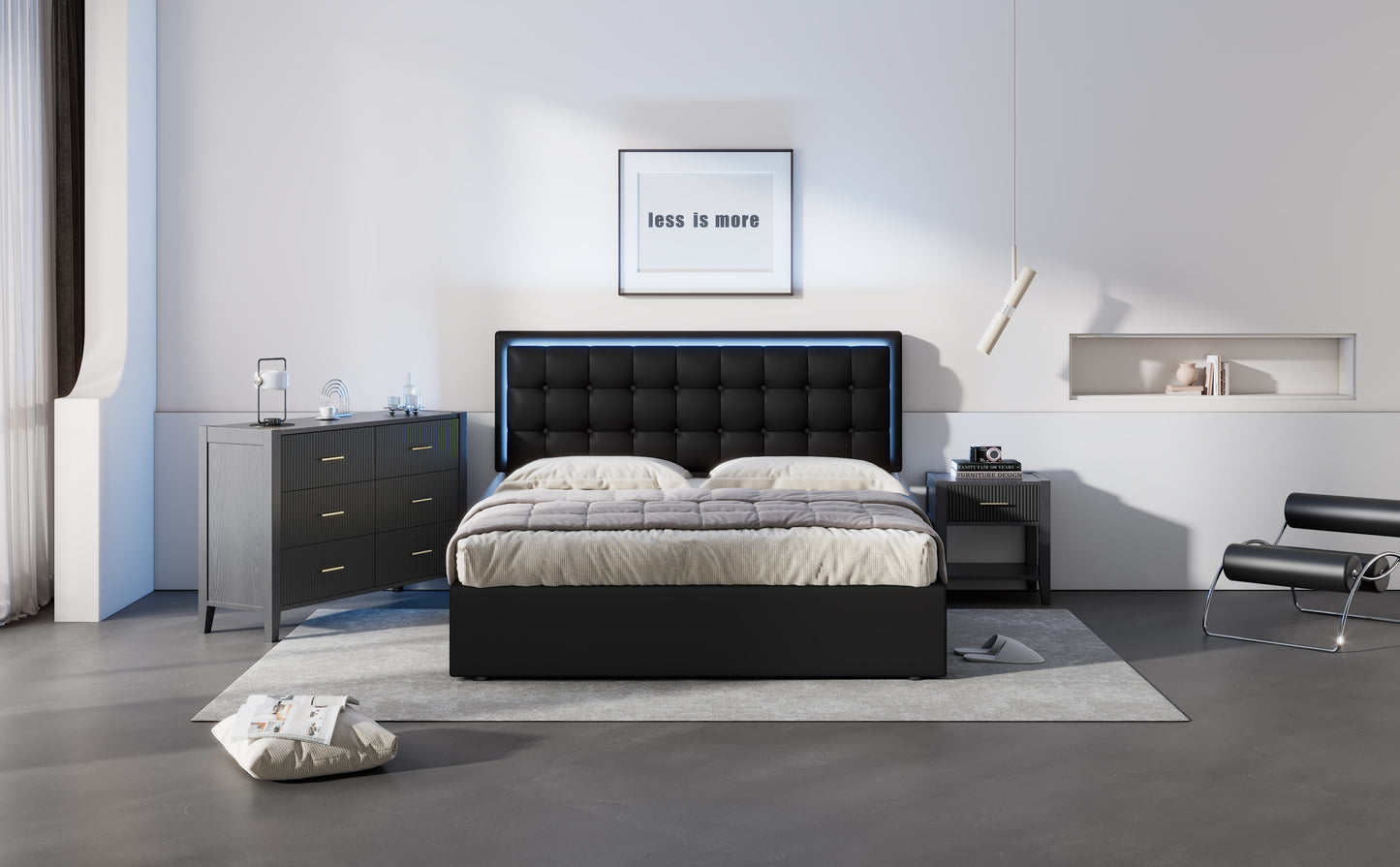 3-Pieces Bedroom Sets Queen Size Tufted Upholstered PU Platform Bed with Nightstand and Storage Dresser, Black