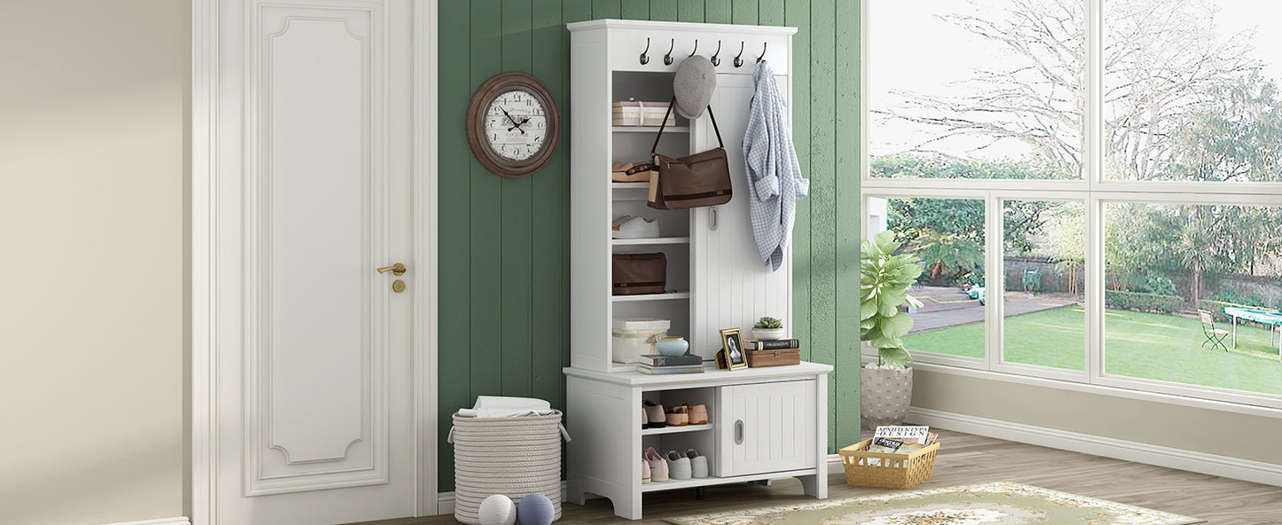 ON-TREND Multifunctional Hall Tree with Sliding Doors, Wooden Hallway Shoe Cabinet with Storage Bench and Shelves, Mudroom Coat Storage with Hanging Hooks for Entryways, White