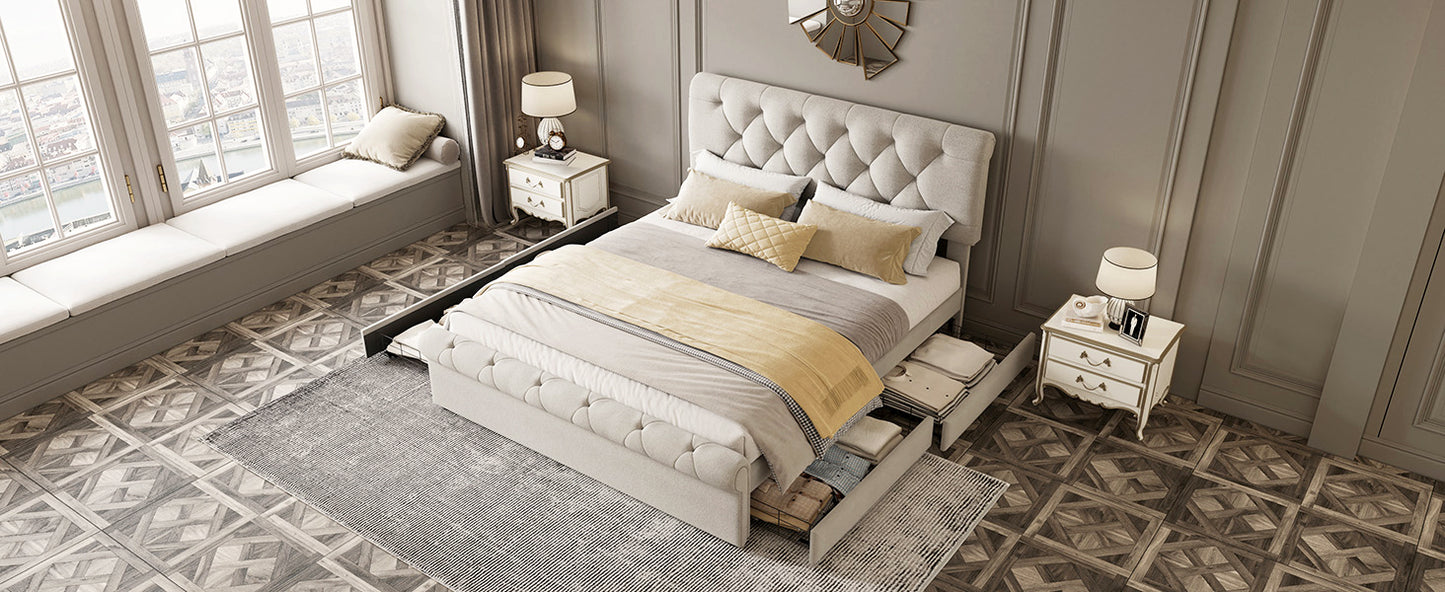 Queen size Upholstered Platform bed with Four Drawers, Antique Curved Headboard, Linen Fabric, Beige (without mattress)