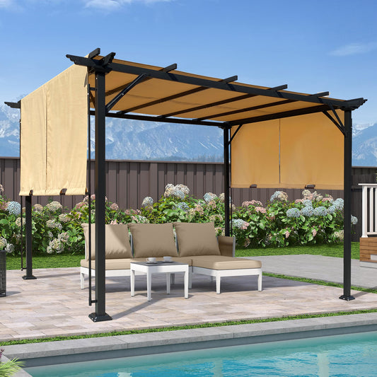 9.5 x 12 Ft Outdoor Pergola Patio Gazebo,Retractable Shade Canopy,Steel  Frame Grape Gazebo,Sunshelter Pergola for Gardens,Terraces,Backyard-Khaki