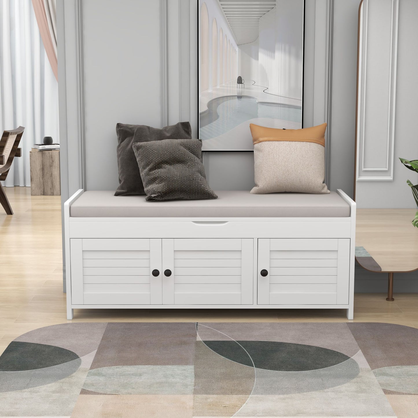 TREXM Storage Bench with 3 Shutter-shaped Doors, Shoe Bench with Removable Cushion and Hidden Storage Space (White, OLD SKU: WF284226AAK)