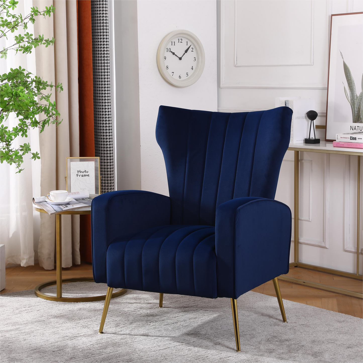 FONDHOME Velvet Accent Chair, Modern Living Room Armchair Comfy Upholstered Single Sofa Chair for Bedroom Dorms Reading Reception Room with Gold Legs & Small Pillow, Royal Blue