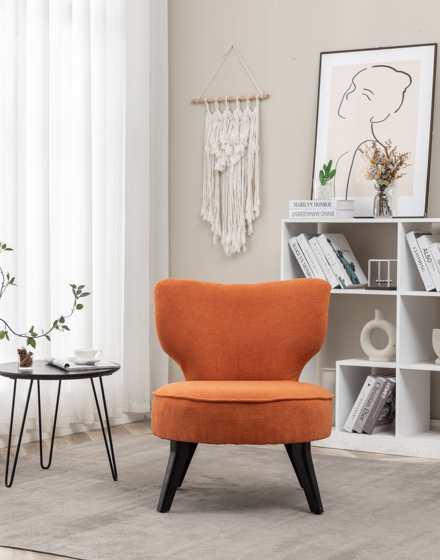 Teddy velvet Single accent chair, wooden legs, padded upholstery, High density foam, small modern armless chair, living room bedroom, ORANGE