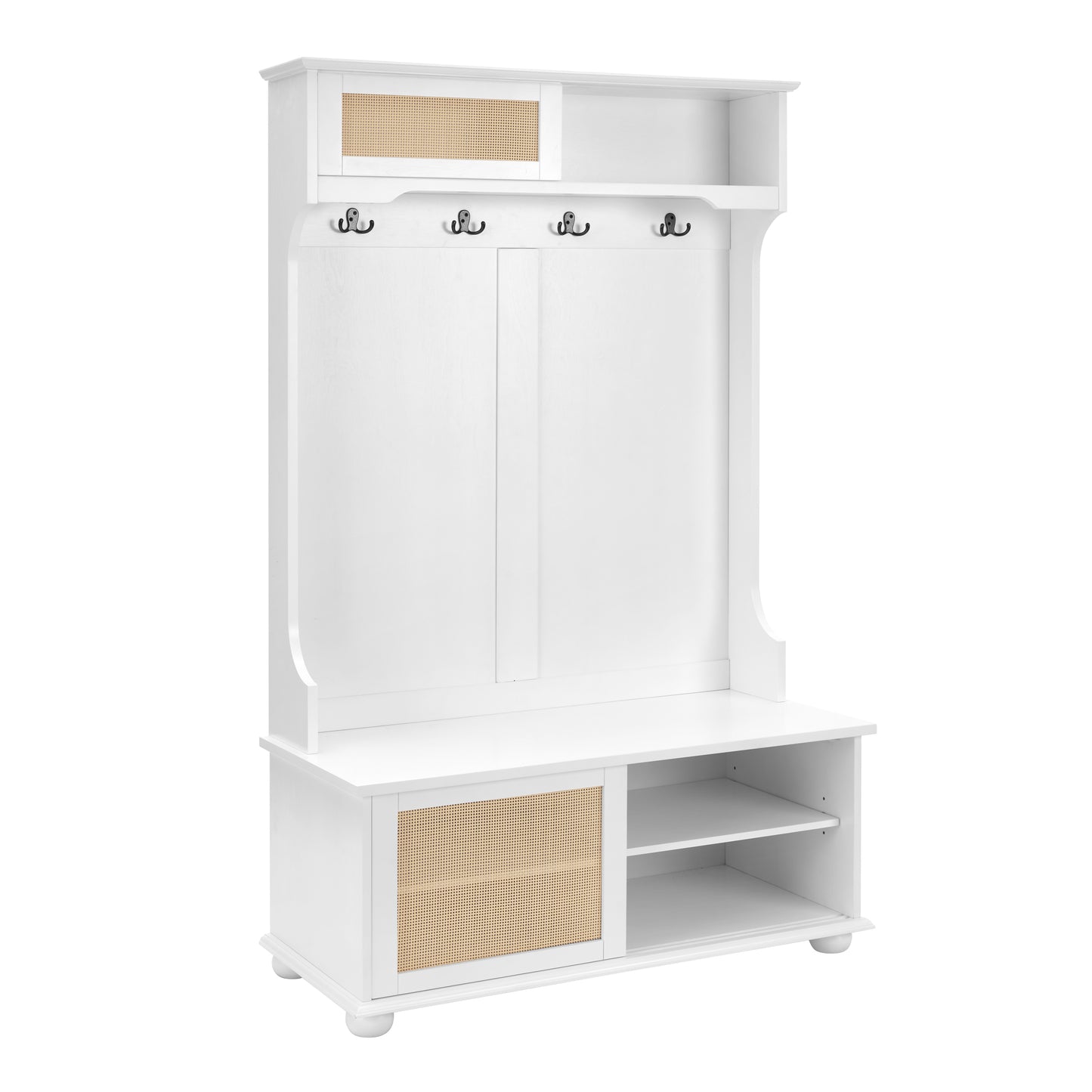 Casual Style Hall Tree Entryway Bench with Rattan Door Shelves and Shoe Cabinets, SOLID WOOD Feet, White, 40.16"W*18.58"D*64.17"H