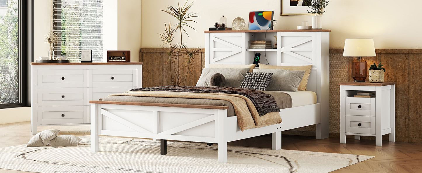 3-Pieces Bedroom Sets Full Size Farmhouse Platform Bed with Double Sliding Door Storage Headboard and Charging Station, Storage Nightstand and Dresser, White+Brown