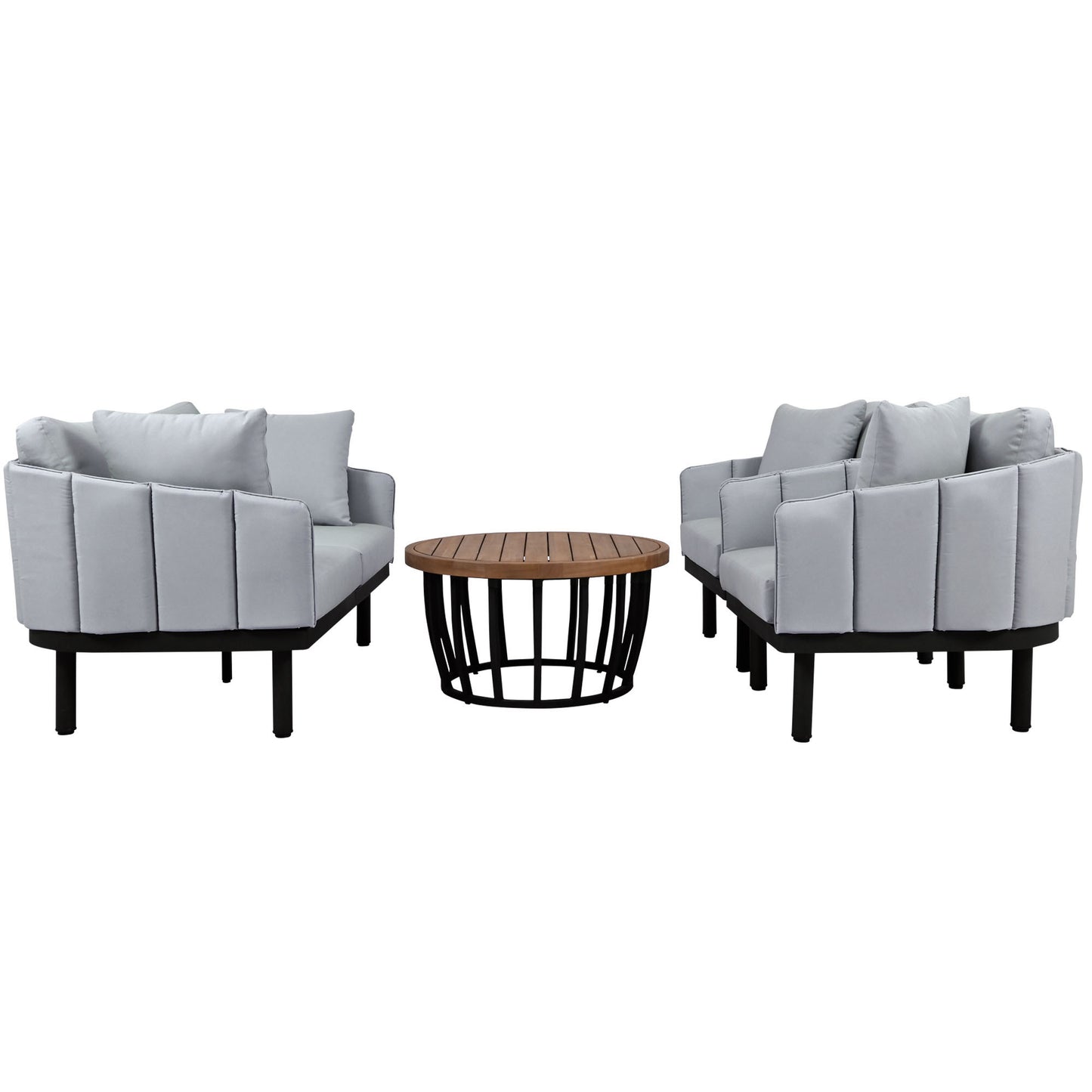 TOPMAX Luxury Modern 4-Piece Outdoor Iron Frame Conversation Set, Patio Chat Set with Acacia Wood Round Coffee Table for Backyard, Deck, Poolside, Indoor Use, Loveseat+Arm Chairs, Gray