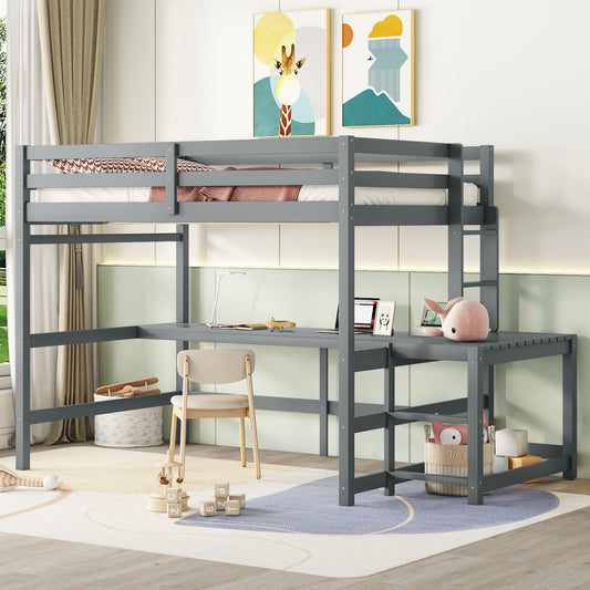 Full Loft Bed with Built-in Desk, Ladder Platform, Ladders, Guardrails,Grey