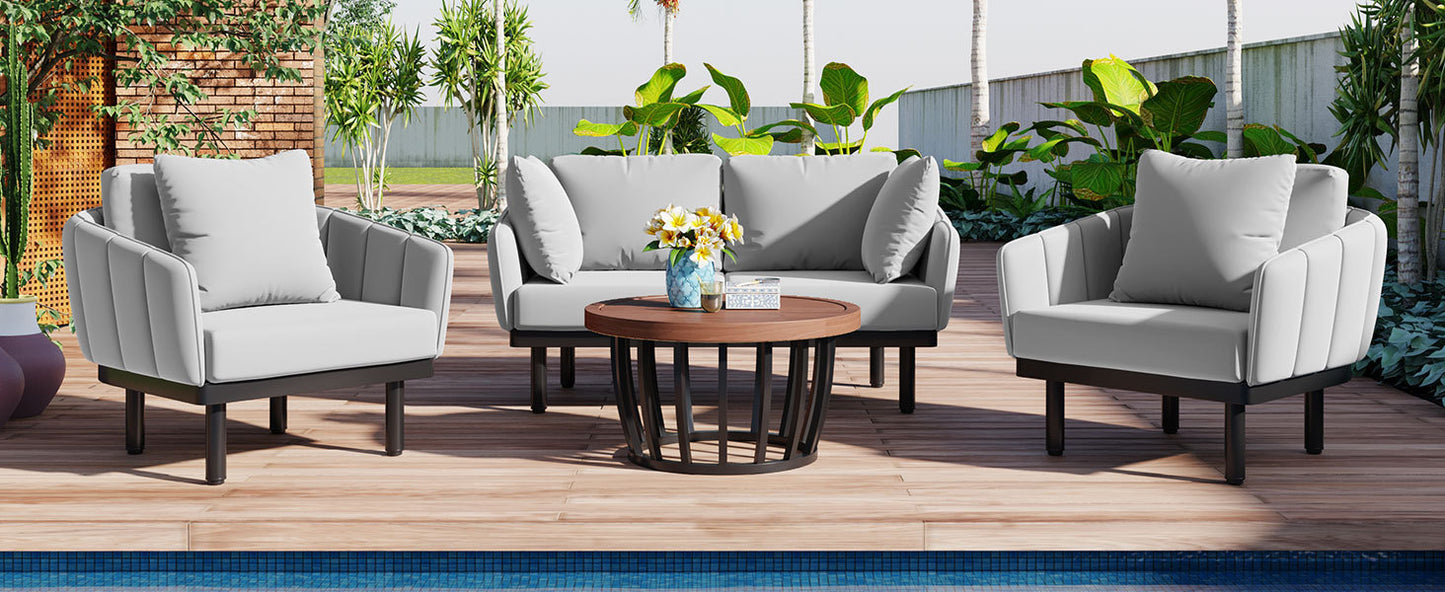 TOPMAX Luxury Modern 4-Piece Outdoor Iron Frame Conversation Set, Patio Chat Set with Acacia Wood Round Coffee Table for Backyard, Deck, Poolside, Indoor Use, Loveseat+Arm Chairs, Gray