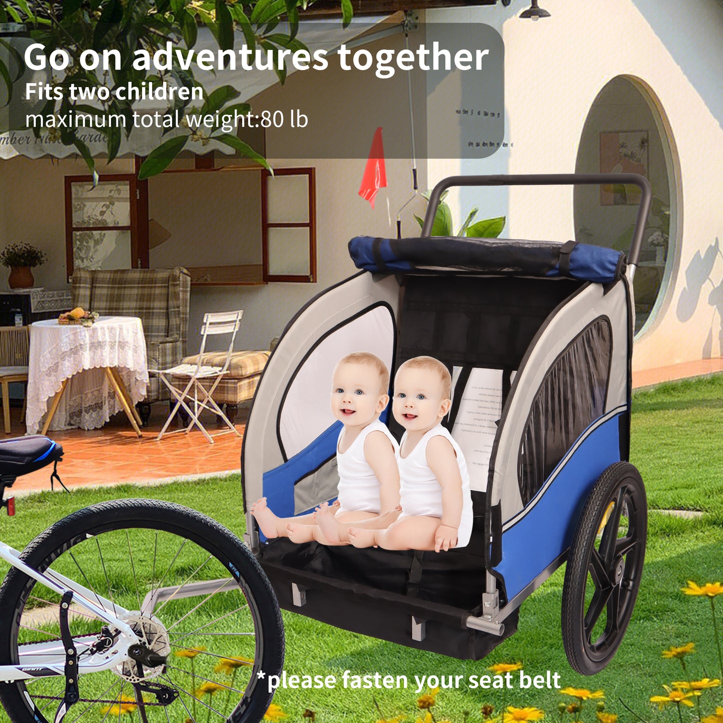 2-in-1 Double 2 Seat Bicycle Bike Trailer Jogger Stroller for Kids Children Foldable Collapsible w/Pivot Front Wheel