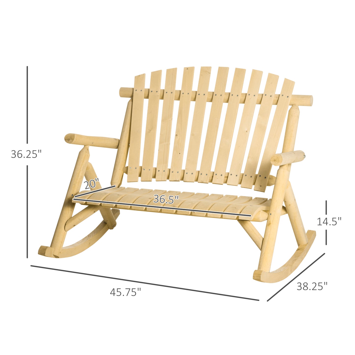 Outsunny Double Wooden Porch Rocking Bench, Adirondack Porch Rocker Chair, Heavy Duty Loveseat for 2 Persons with High Rise Slatted Seat & Backrest, Smooth Armrests, Natural