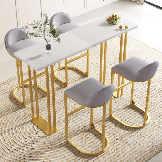 5 Pcs Bar Table and Chairs Set, Modern Gold White Table with 4 Velvet Cushion Bar Stools, Kitchen Counter High Top Table, Breakfast Table Set, Space Saving Table for Home & Kitchen, Gold Frame