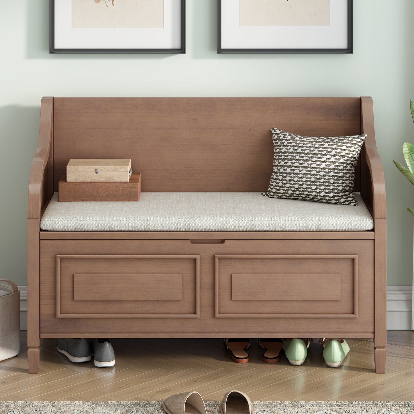 TREXM Rustic Style Solid wood Entryway Multifunctional Storage Bench with Safety Hinge (Brown+ Beige)