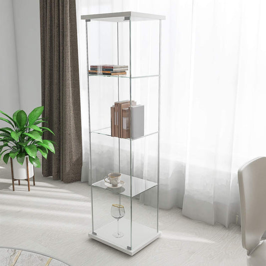 Glass Cabinet-w       Glass Display Cabinet 4 Shelves with Door, Floor Standing Curio Bookshelf for Living Room Bedroom Office, 64” x 17”x 14.5”, White