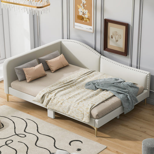 Full Size Upholstered Daybed with Headboard and Armrest, Support Legs, Beige