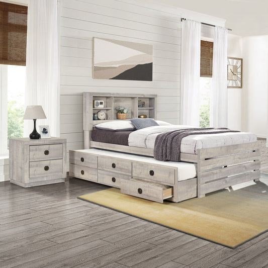 2 Pieces Bedroom Sets Farmhouse Style Twin Size Bookcase Captain Bed and Nightstand, Rustic White