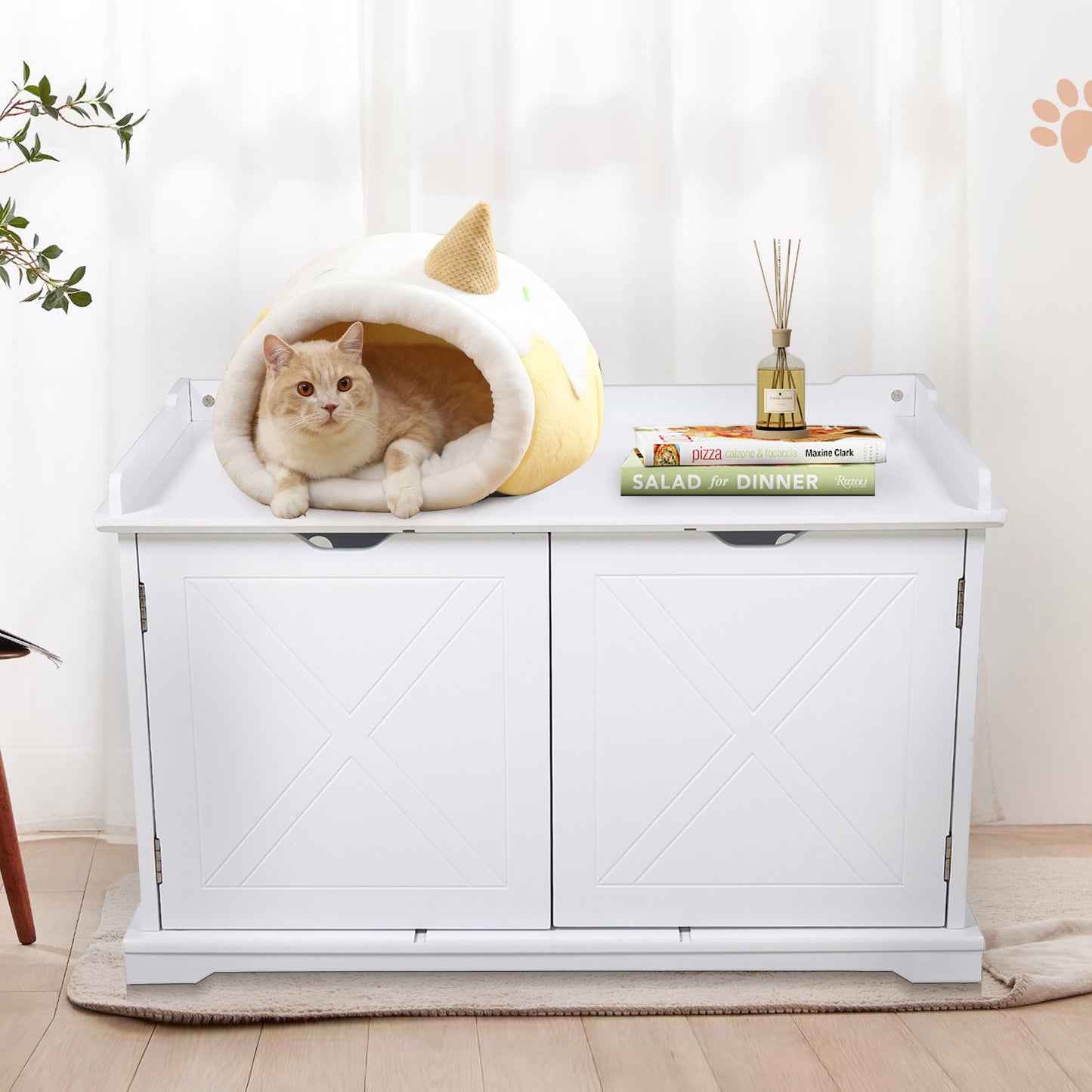 Cat Washroom Bench, Wood Litter Box Cover with Spacious Inner, Ventilated Holes, Removable Partition, Easy Access, White