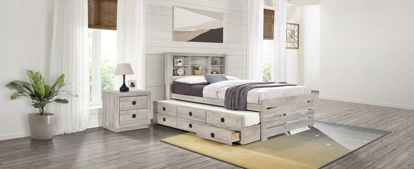 2 Pieces Bedroom Sets Farmhouse Style Full Size Bookcase Captain Bed and Nightstand, Rustic White