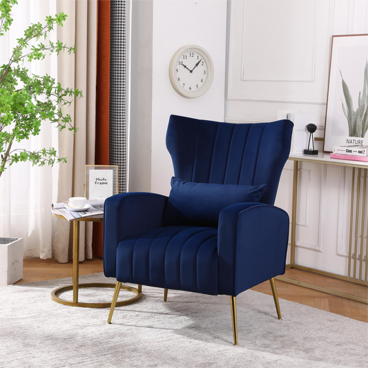 FONDHOME Velvet Accent Chair, Modern Living Room Armchair Comfy Upholstered Single Sofa Chair for Bedroom Dorms Reading Reception Room with Gold Legs & Small Pillow, Royal Blue