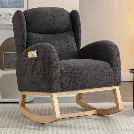 049-Teddy Fabric Rocking Chair With Packet Wood Legs,Dark Gray