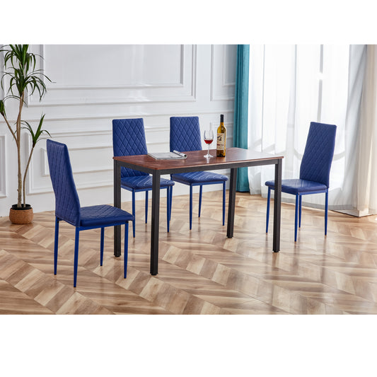 Retro style dining table and chair hotel dining table and chair conference chair outdoor activity chair pu leather high elastic fireproof sponge dining table and chair 5-piece set（Dark coffee + blue)