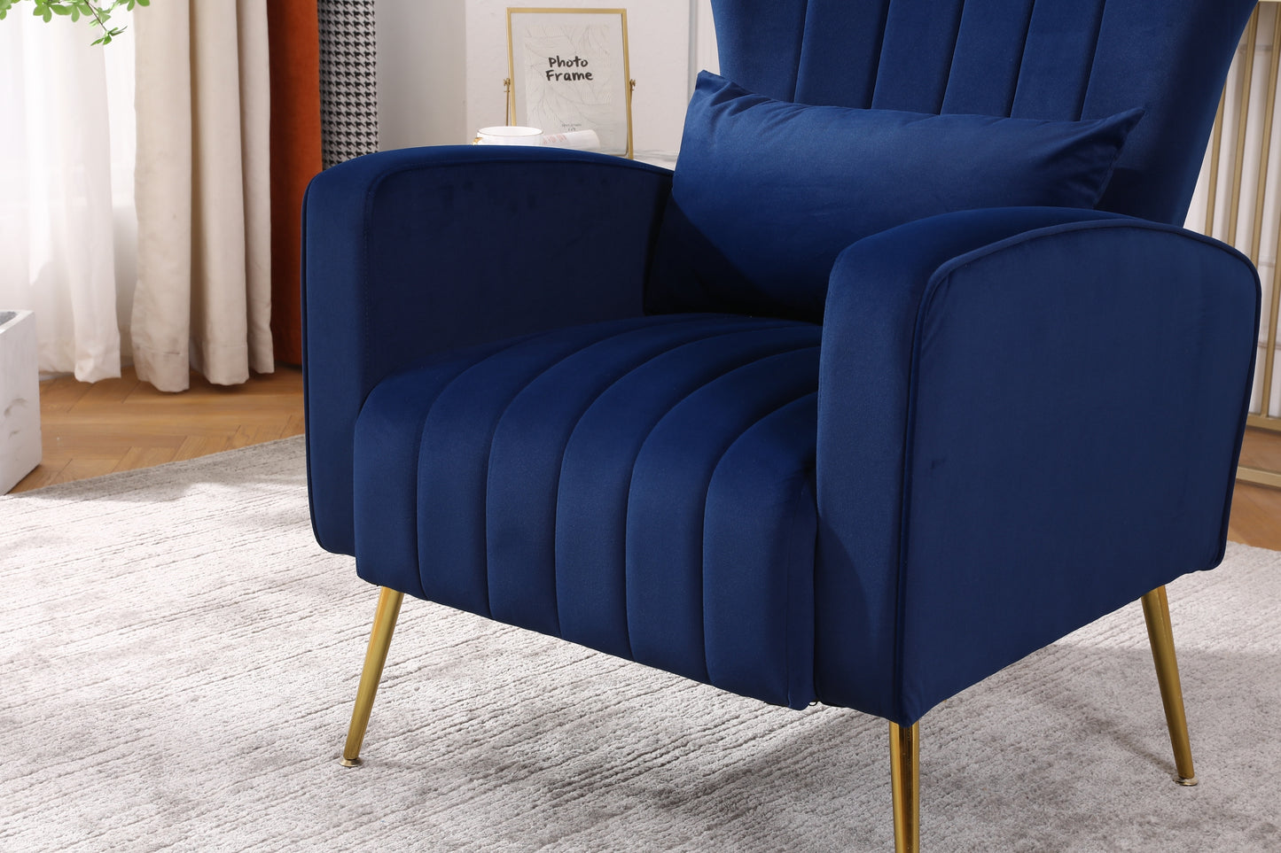 FONDHOME Velvet Accent Chair, Modern Living Room Armchair Comfy Upholstered Single Sofa Chair for Bedroom Dorms Reading Reception Room with Gold Legs & Small Pillow, Royal Blue